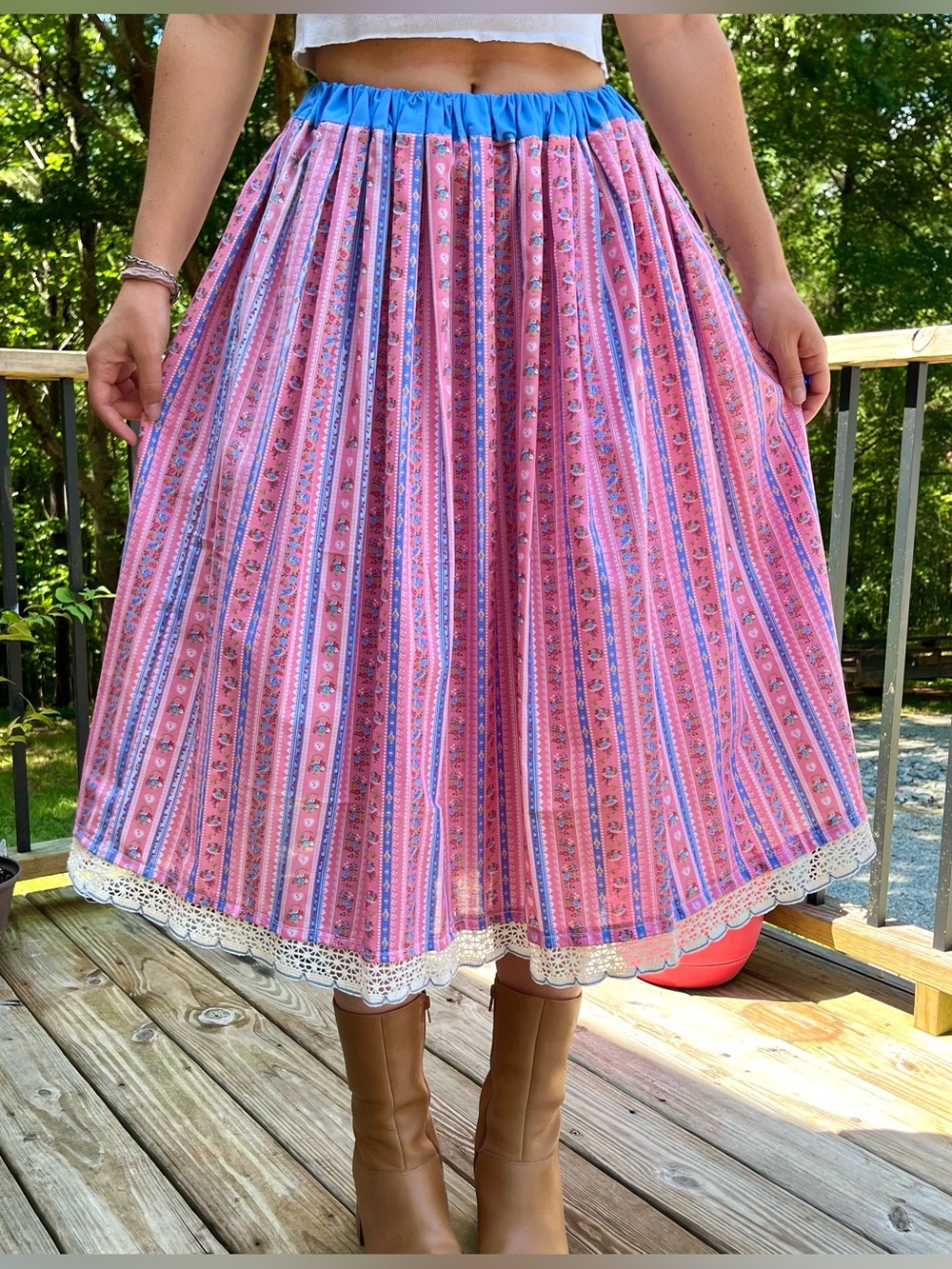 Handmade Pink Floral Stripe A-Line Midi Skirt